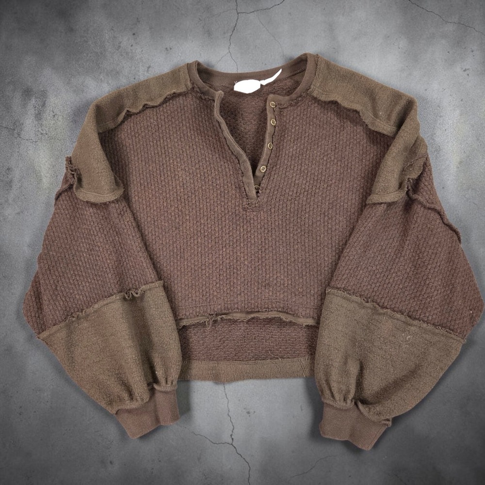 Out From Under Brown Waffle Knit Cropped Henley Top Medium Urban Outfitters